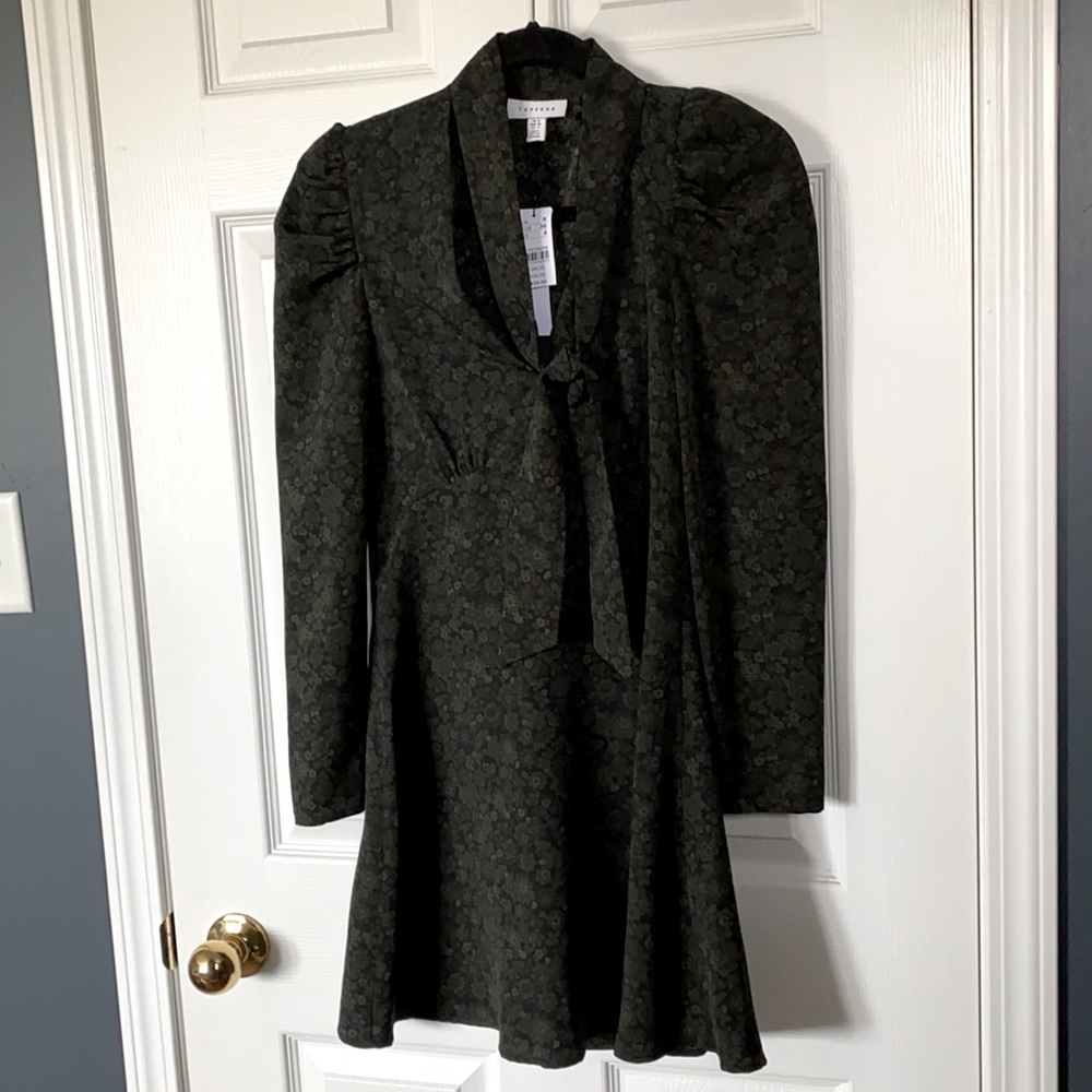 Topshop green pattern dress with neck tie